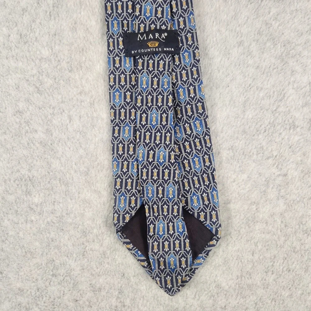 MARA by Countess Mara Mens Silk Tie Blue Yellow Geometric Print Made in USA‎ 4